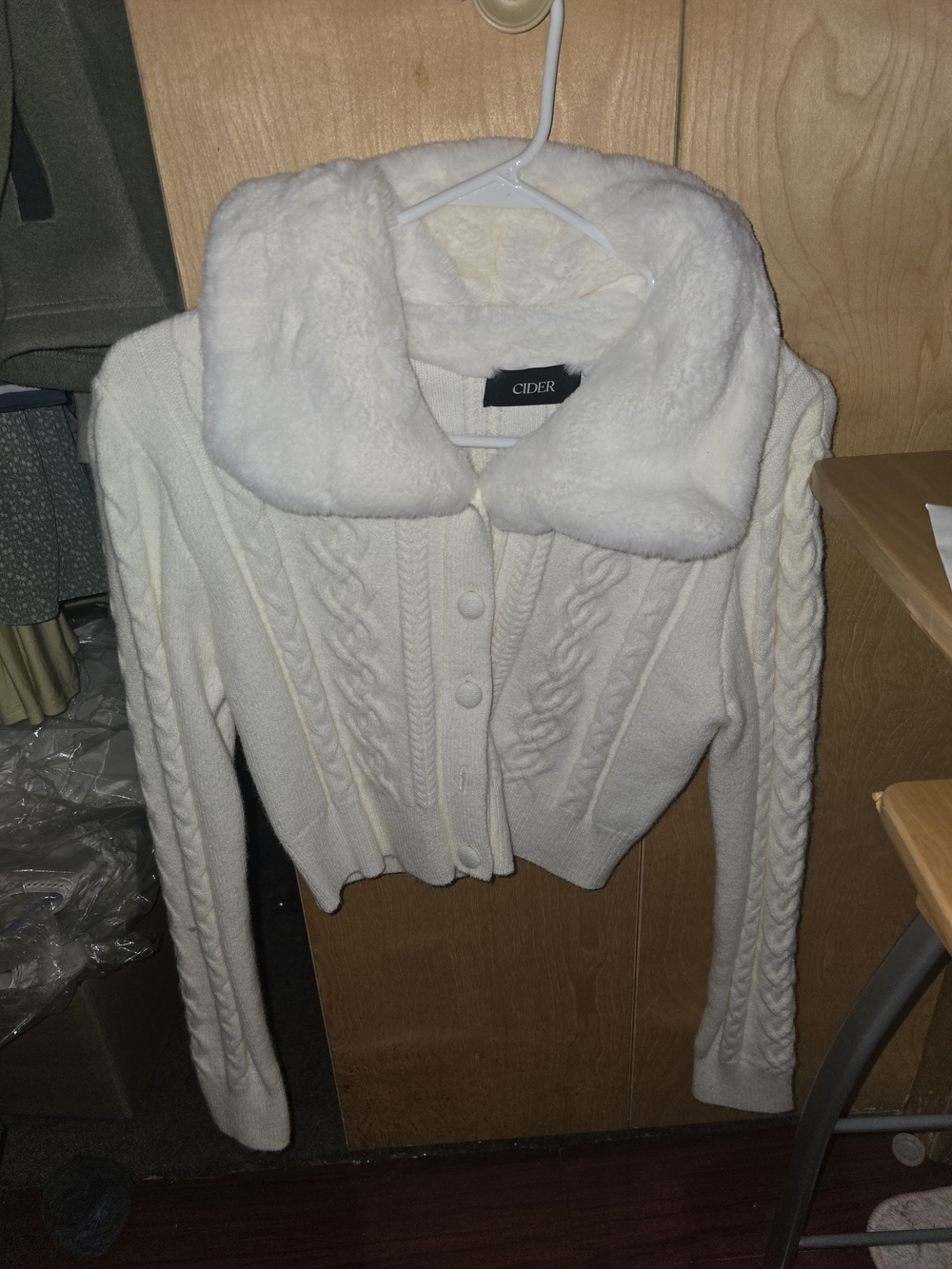 Cider Cream Cable-Knit Cardigan with Faux-Fur Collar